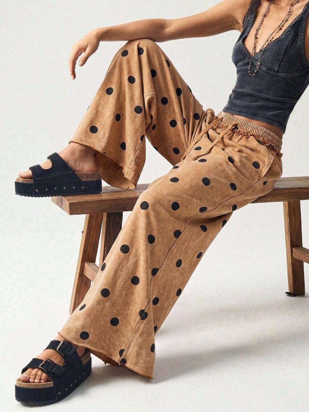 Brown Elegant Women's Polka Dot Drawstring Waist Wide Leg Pants